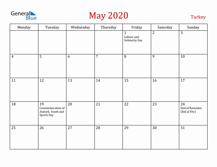 Turkey May 2020 Calendar - Monday Start