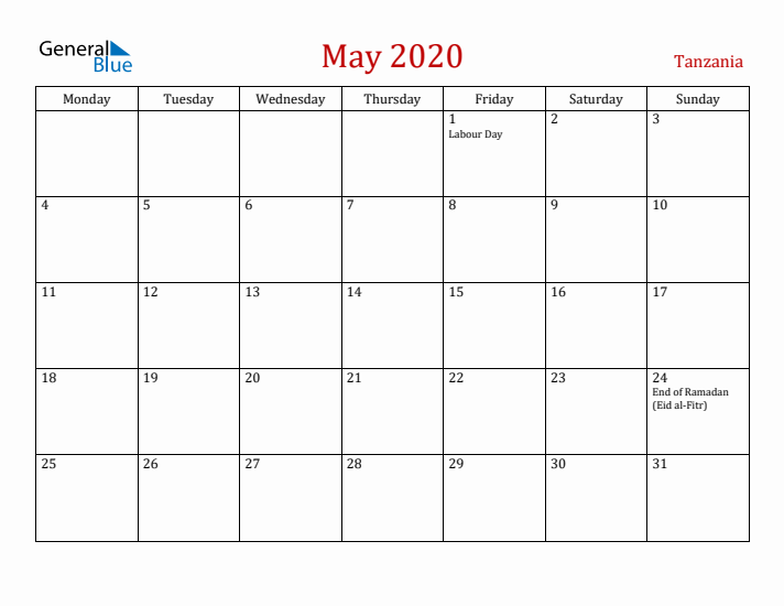 Tanzania May 2020 Calendar - Monday Start