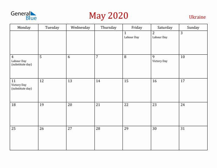 Ukraine May 2020 Calendar - Monday Start