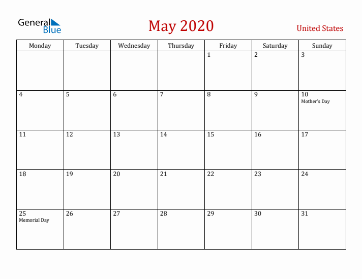 United States May 2020 Calendar - Monday Start