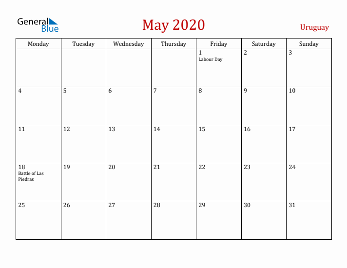 Uruguay May 2020 Calendar - Monday Start