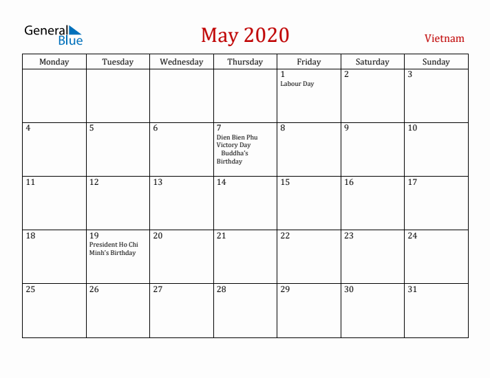 Vietnam May 2020 Calendar - Monday Start