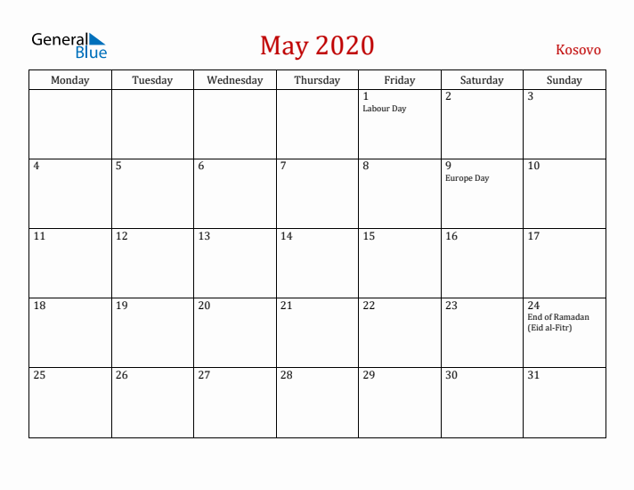 Kosovo May 2020 Calendar - Monday Start