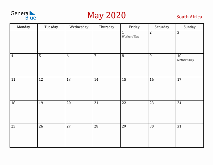 South Africa May 2020 Calendar - Monday Start
