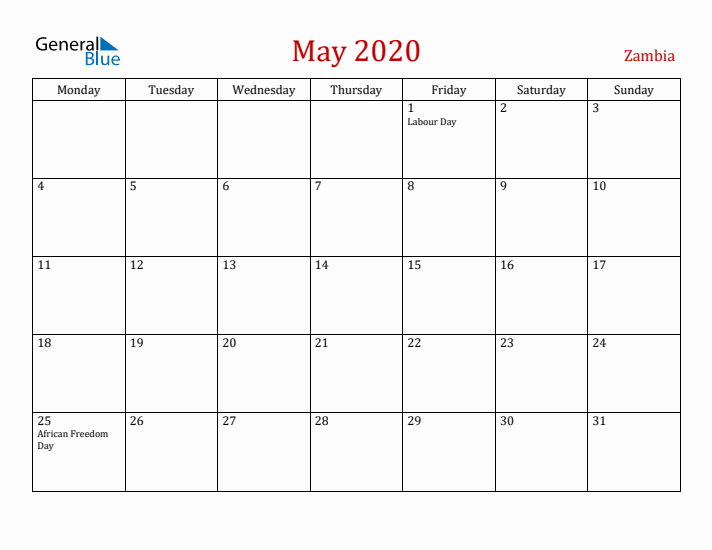 Zambia May 2020 Calendar - Monday Start