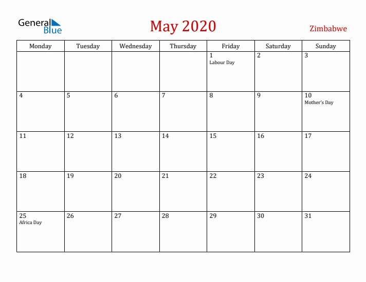 Zimbabwe May 2020 Calendar - Monday Start