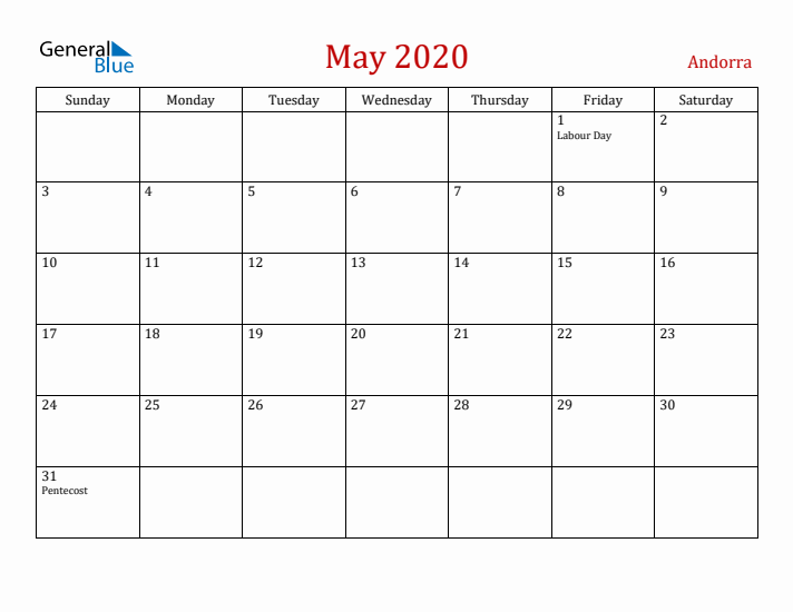 Andorra May 2020 Calendar - Sunday Start