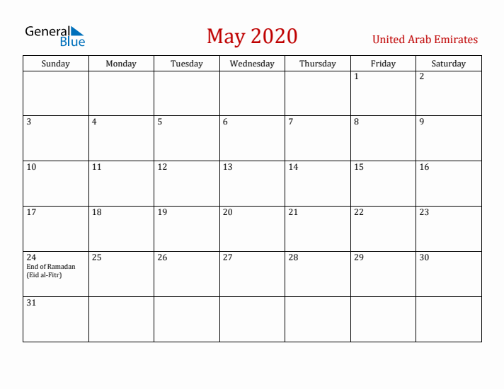 United Arab Emirates May 2020 Calendar - Sunday Start