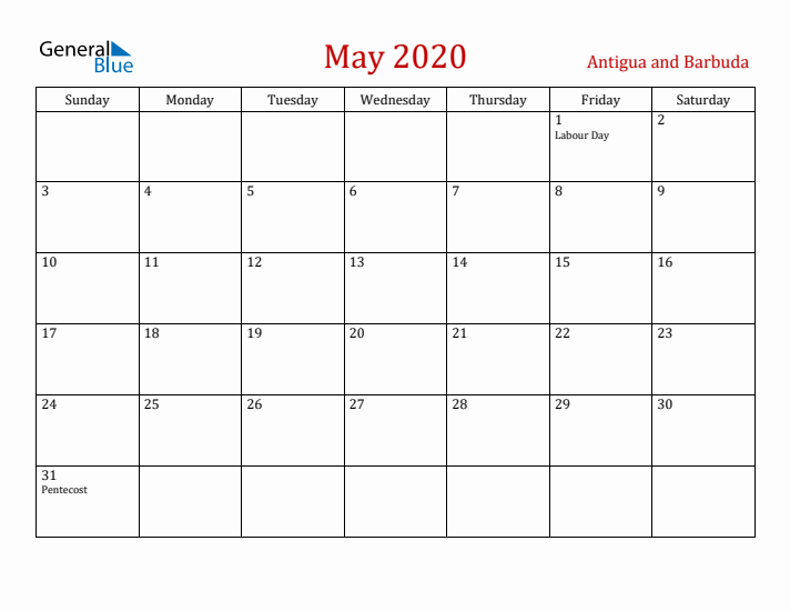 Antigua and Barbuda May 2020 Calendar - Sunday Start