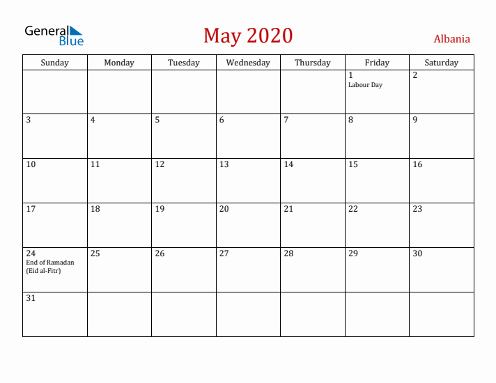 Albania May 2020 Calendar - Sunday Start