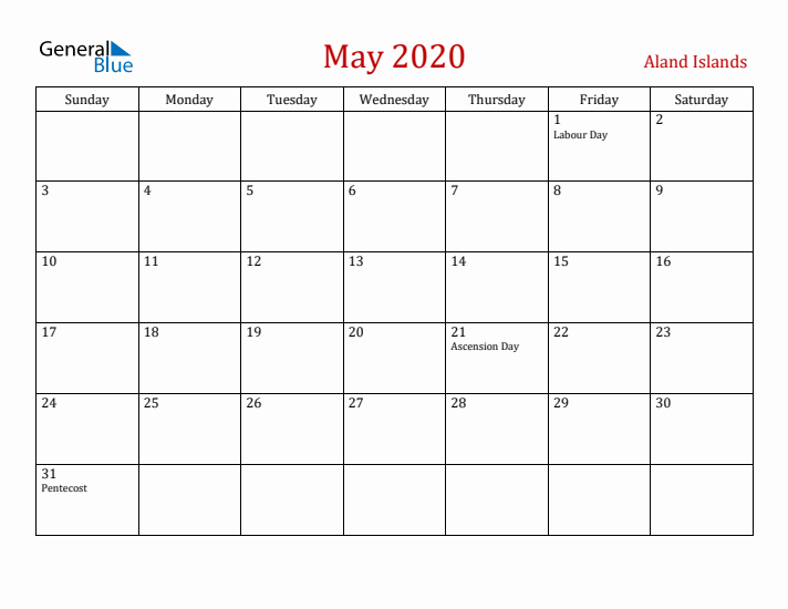 Aland Islands May 2020 Calendar - Sunday Start