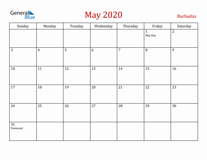 Barbados May 2020 Calendar - Sunday Start