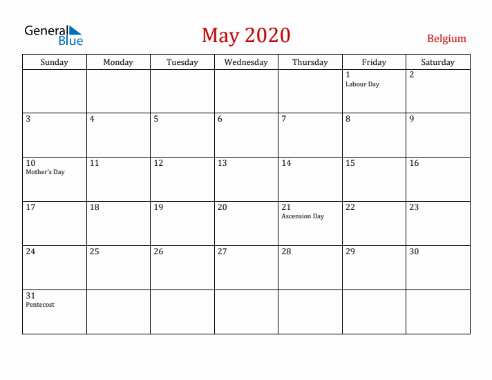 Belgium May 2020 Calendar - Sunday Start
