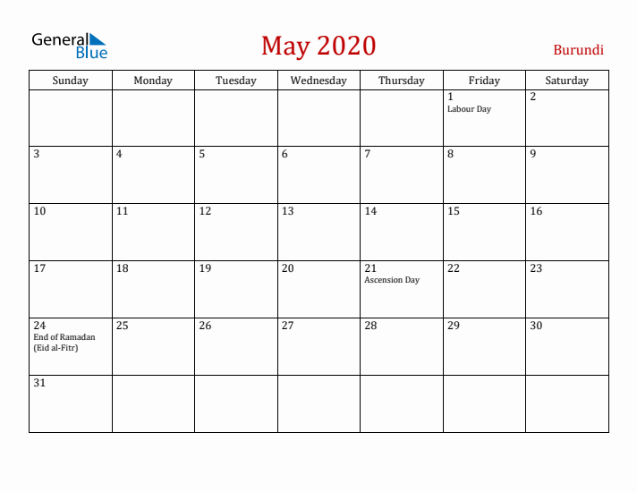 Burundi May 2020 Calendar - Sunday Start
