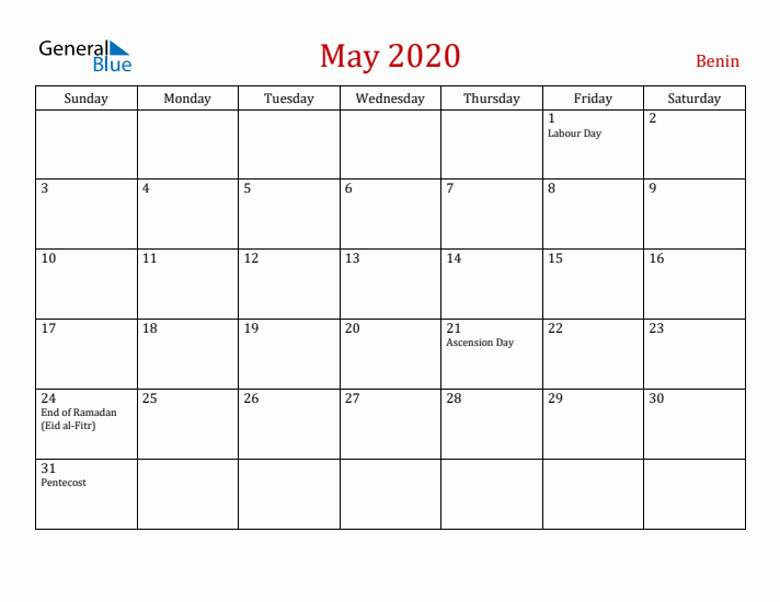Benin May 2020 Calendar - Sunday Start