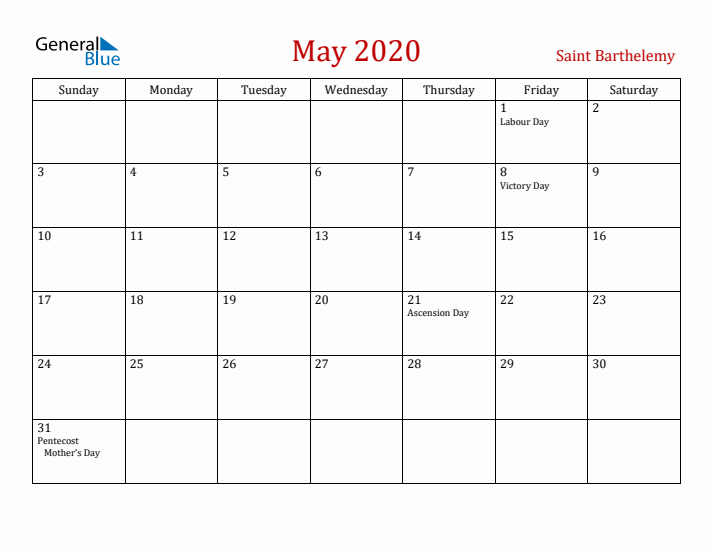 Saint Barthelemy May 2020 Calendar - Sunday Start