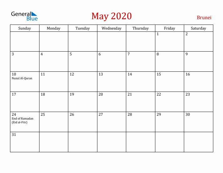 Brunei May 2020 Calendar - Sunday Start