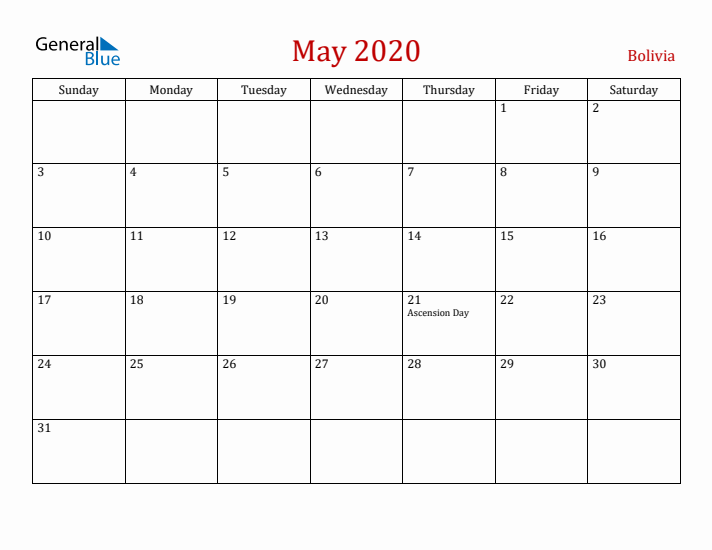 Bolivia May 2020 Calendar - Sunday Start