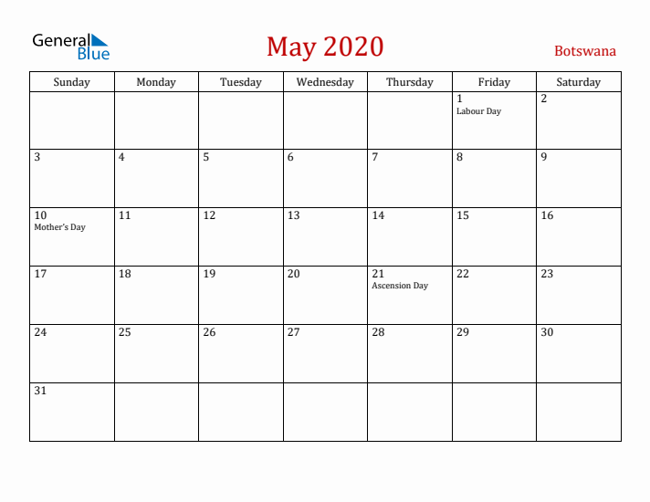 Botswana May 2020 Calendar - Sunday Start