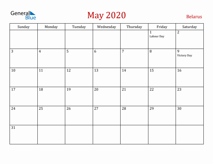 Belarus May 2020 Calendar - Sunday Start