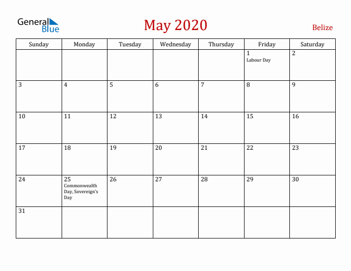 Belize May 2020 Calendar - Sunday Start
