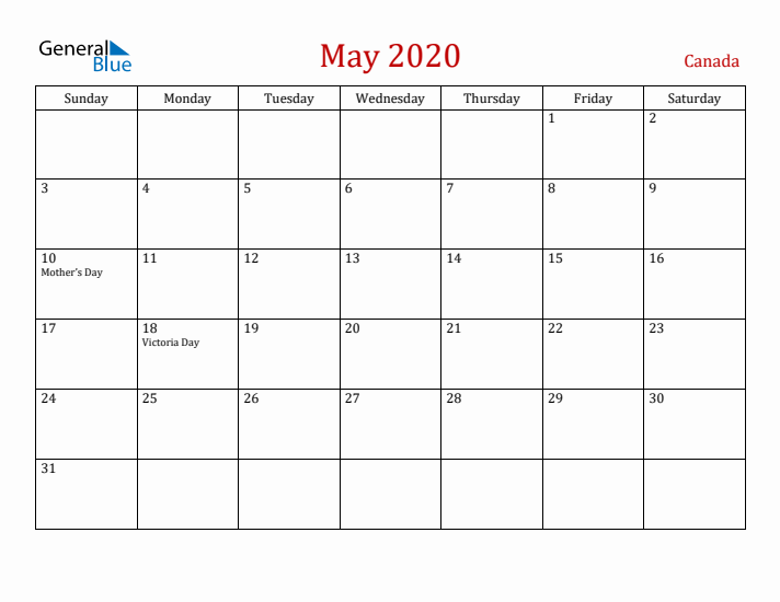 Canada May 2020 Calendar - Sunday Start