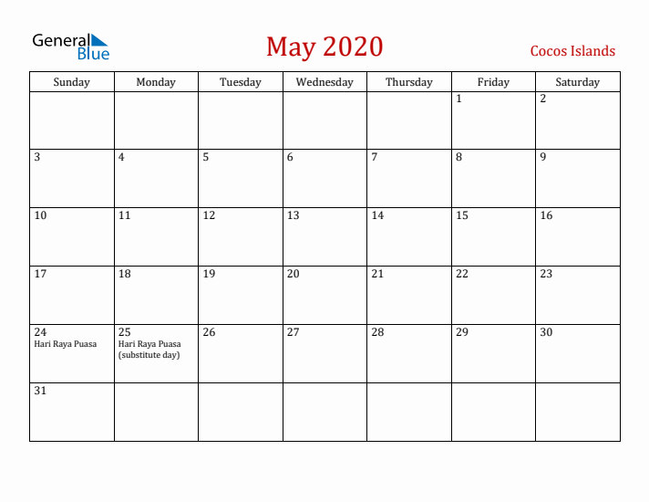 Cocos Islands May 2020 Calendar - Sunday Start