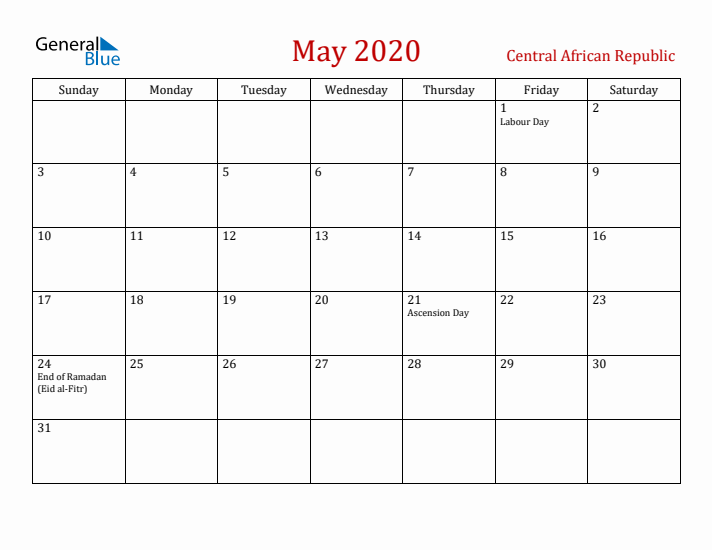 Central African Republic May 2020 Calendar - Sunday Start