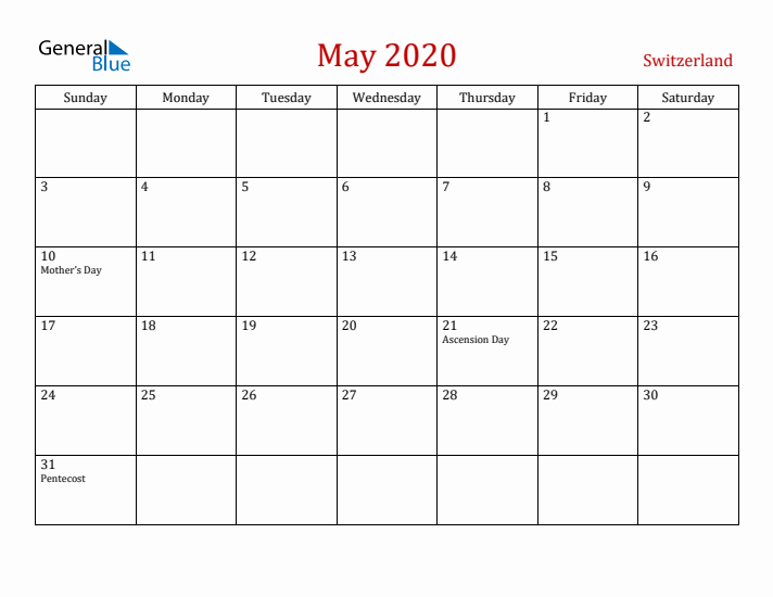 Switzerland May 2020 Calendar - Sunday Start