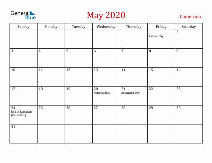 Cameroon May 2020 Calendar - Sunday Start