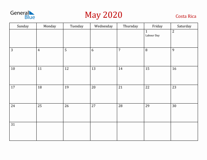 Costa Rica May 2020 Calendar - Sunday Start