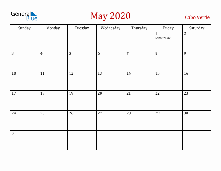 Cabo Verde May 2020 Calendar - Sunday Start