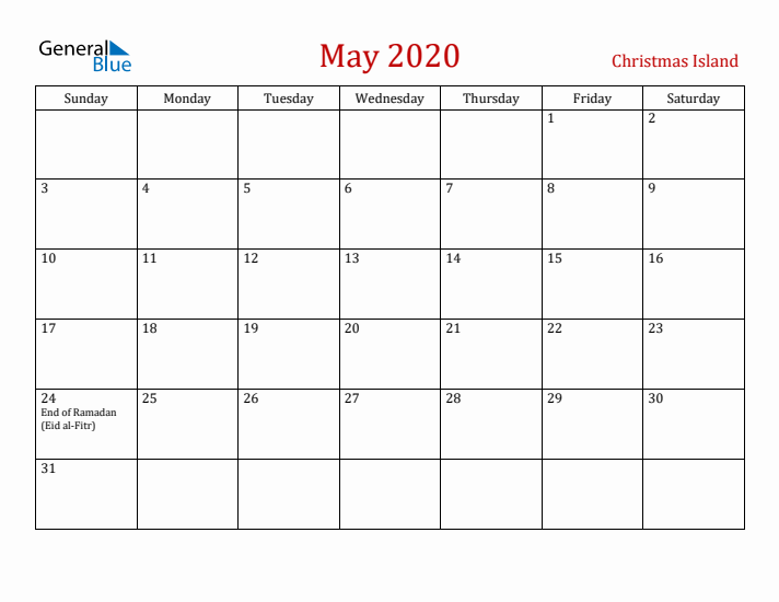 Christmas Island May 2020 Calendar - Sunday Start