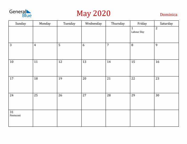 Dominica May 2020 Calendar - Sunday Start