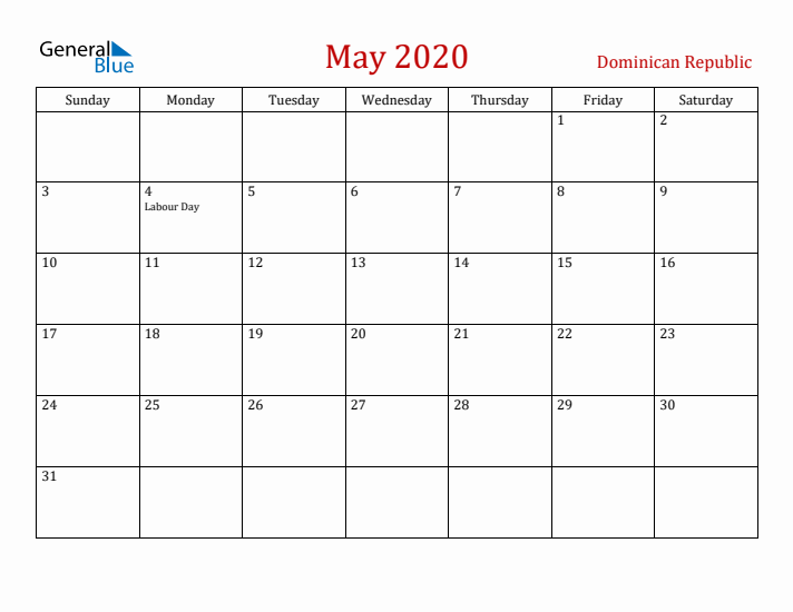Dominican Republic May 2020 Calendar - Sunday Start