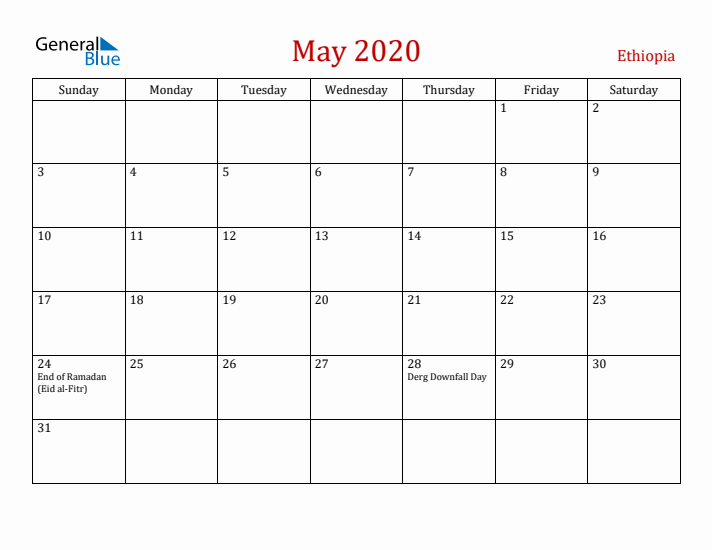 Ethiopia May 2020 Calendar - Sunday Start