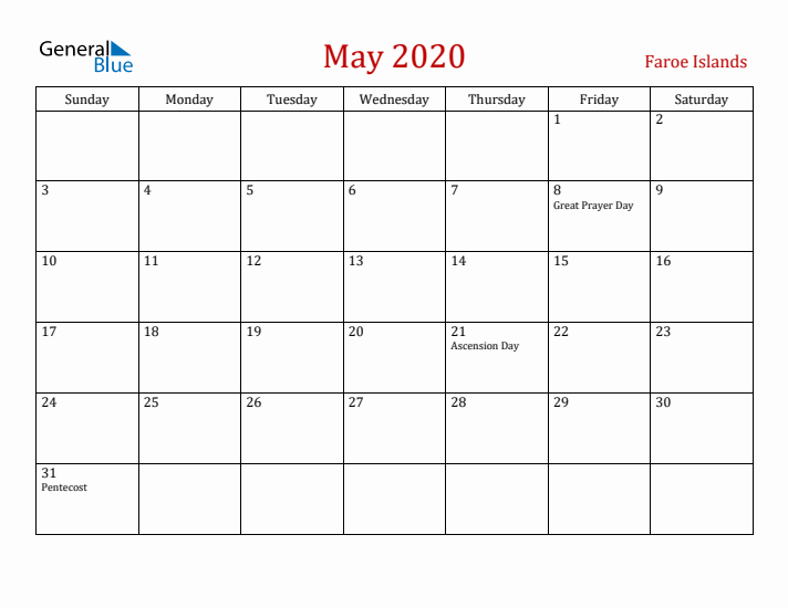 Faroe Islands May 2020 Calendar - Sunday Start