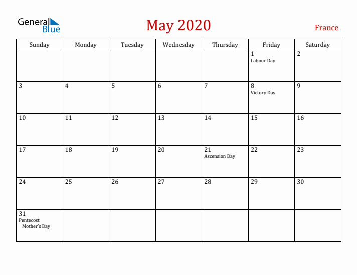 France May 2020 Calendar - Sunday Start