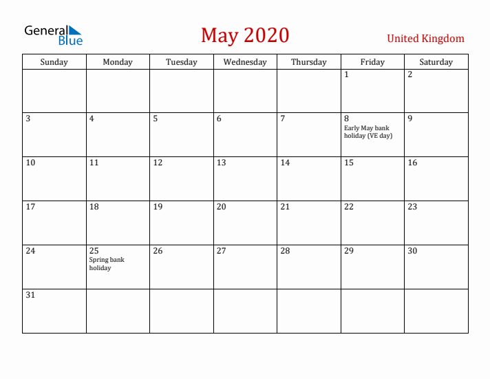 United Kingdom May 2020 Calendar - Sunday Start