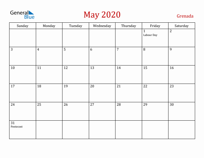 Grenada May 2020 Calendar - Sunday Start