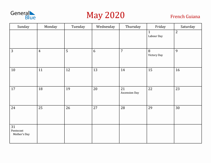 French Guiana May 2020 Calendar - Sunday Start