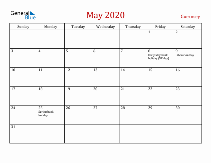 Guernsey May 2020 Calendar - Sunday Start