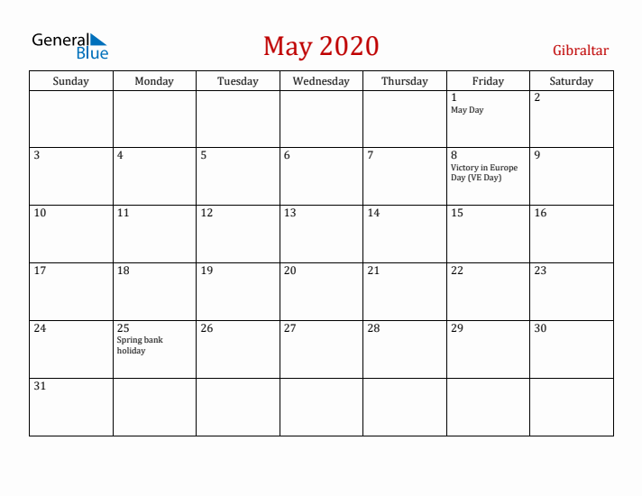 Gibraltar May 2020 Calendar - Sunday Start