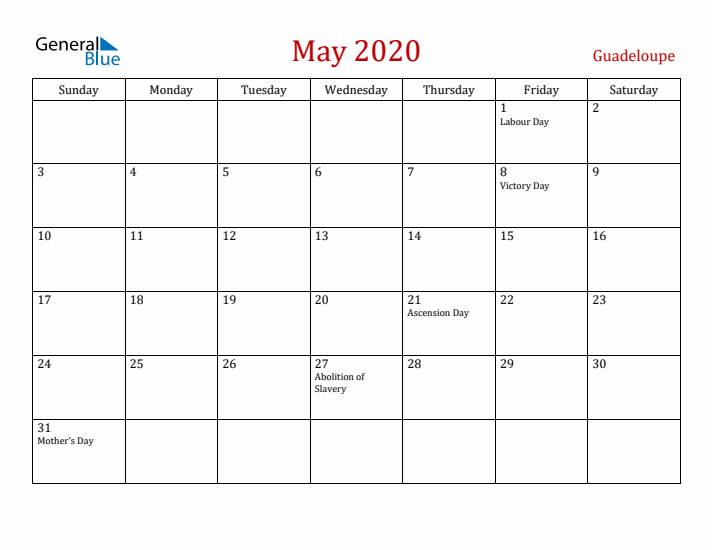 Guadeloupe May 2020 Calendar - Sunday Start