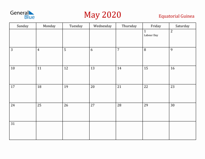 Equatorial Guinea May 2020 Calendar - Sunday Start