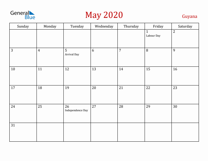 Guyana May 2020 Calendar - Sunday Start