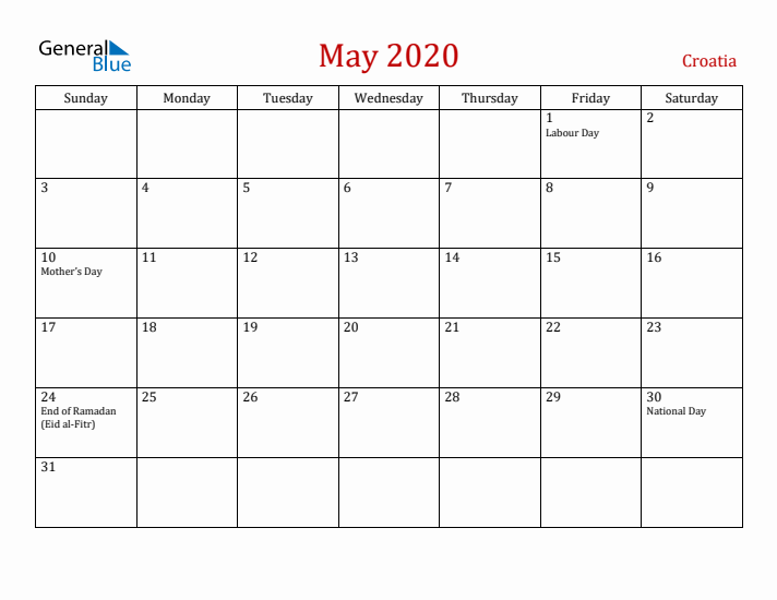 Croatia May 2020 Calendar - Sunday Start
