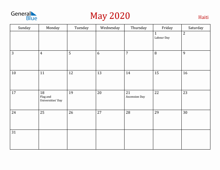 Haiti May 2020 Calendar - Sunday Start