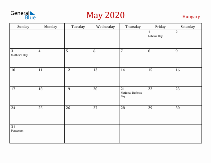 Hungary May 2020 Calendar - Sunday Start