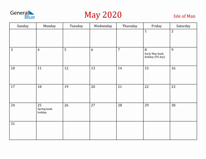Isle of Man May 2020 Calendar - Sunday Start